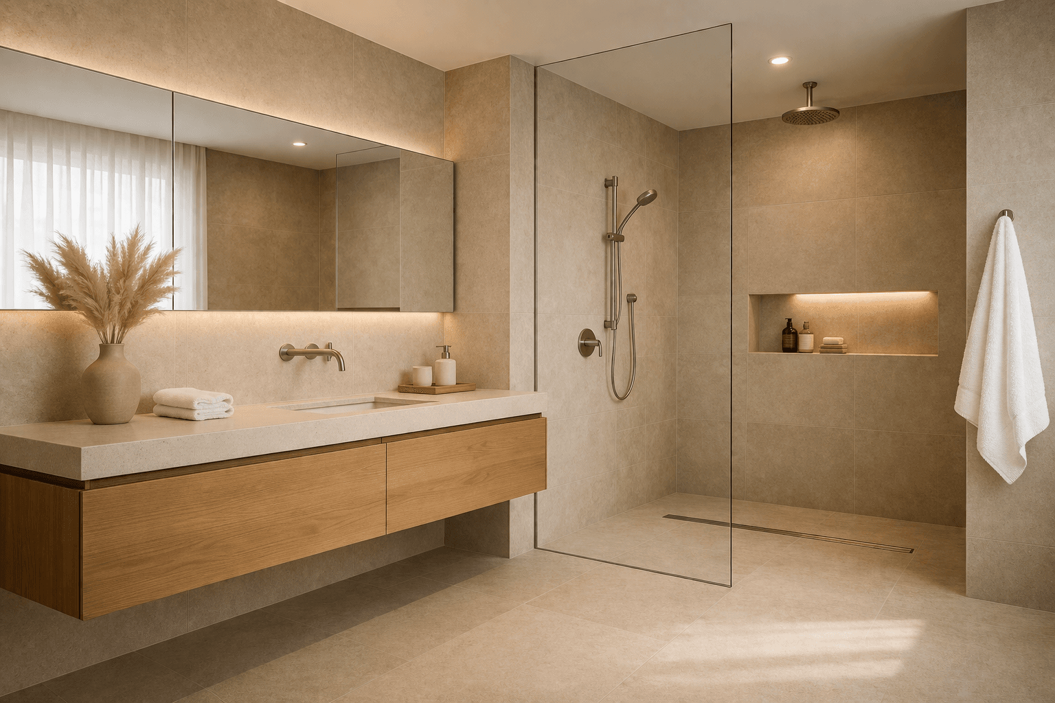 Какие тренды ванной комнаты 2026 действительно стоит брать в ремонт: душ без бортика, тёплая плитка, умный свет, скрытое хранение, тумба под дерево и дизайн без барьеров.