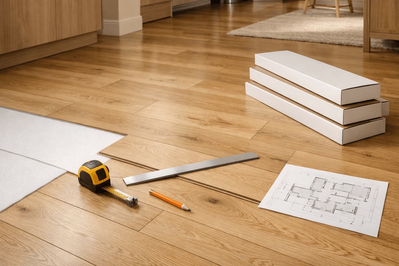 Пошагово разбираем, как рассчитать ламинат или кварцвинил без лишних упаковок: чистая площадь, вычитаемые зоны, запас на подрезку, подложка и частые ошибки.