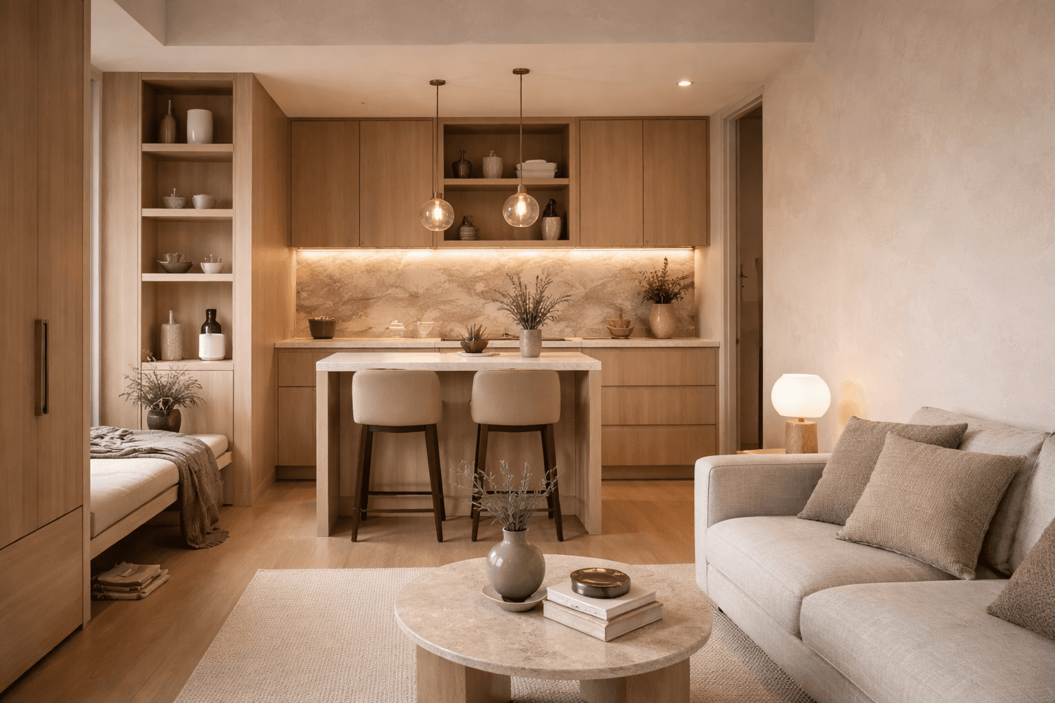 Какие материалы и поверхности в 2026 году выглядят актуально и долго не устаревают: дерево, крупные цельные поверхности, покрытия с низким содержанием летучих органических соединений, тёплые нейтралы, рельефная плитка и честные фактуры.